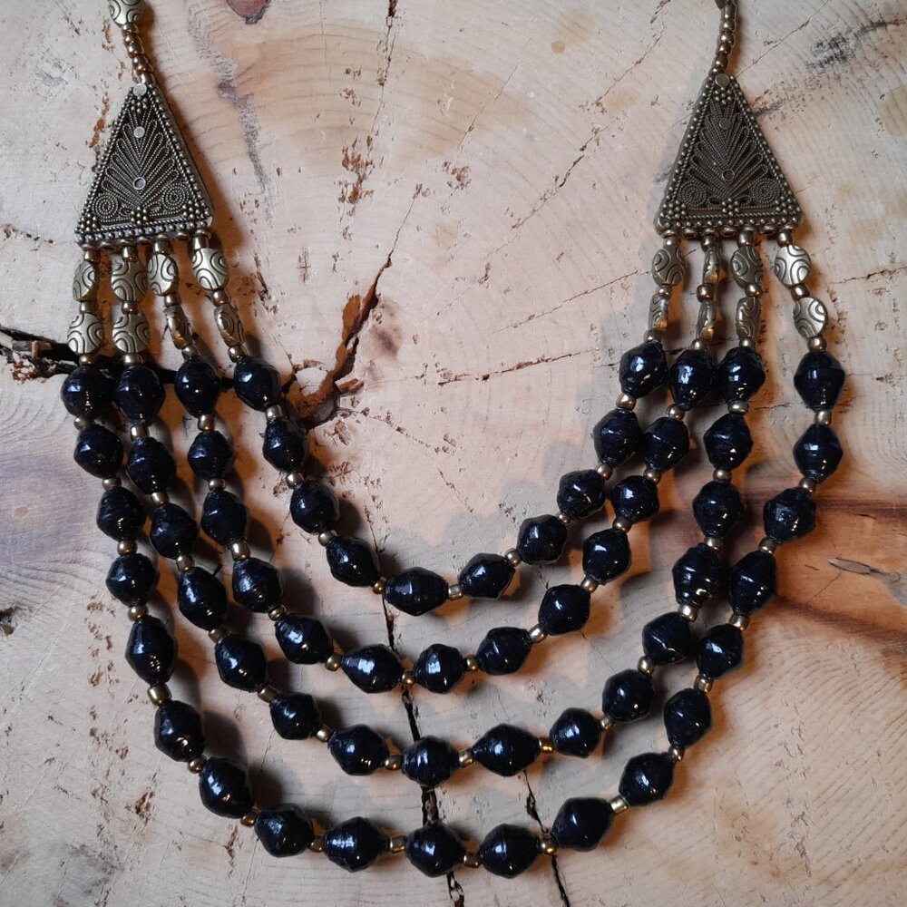 Brass Tone and Black Bib Necklace Rolled Paper Beads Ethnic Boho Tribal